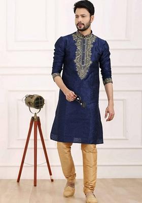 Navy Blue Embroidered Art Silk Kurta Set For Men