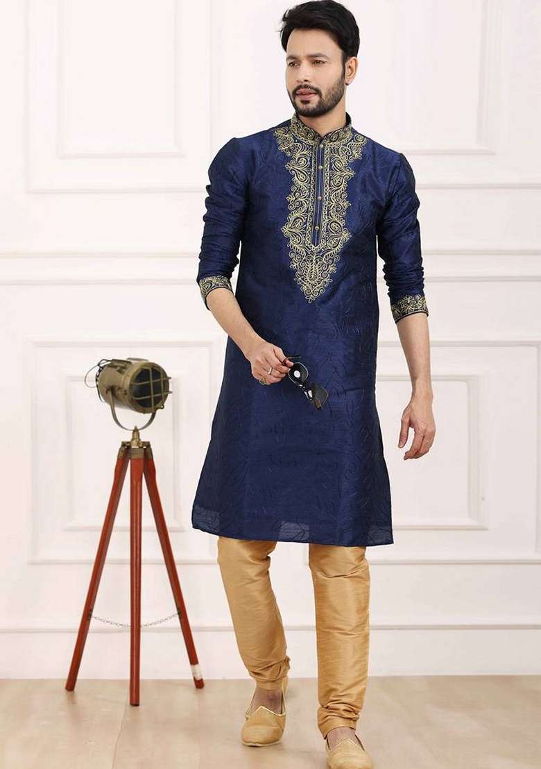 Navy Blue Embroidered Art Silk Blend Kurta Set For Men - Indya