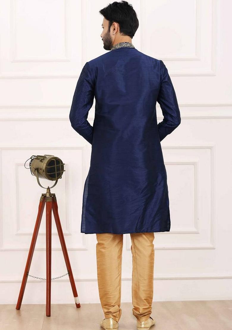 Navy Blue Embroidered Art Silk Kurta Set For Men