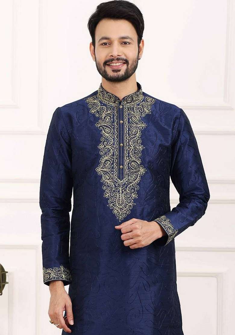 Navy Blue Embroidered Art Silk Blend Kurta Set For Men - Indya