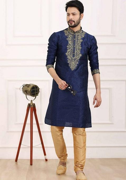 Navy Blue Embroidered Art Silk Kurta Set For Men