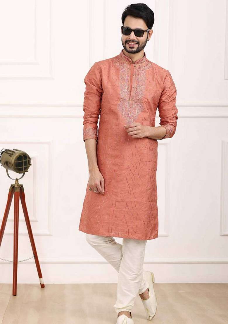 Orange Embroidered Art Silk Blend Kurta Set For Men - Indya