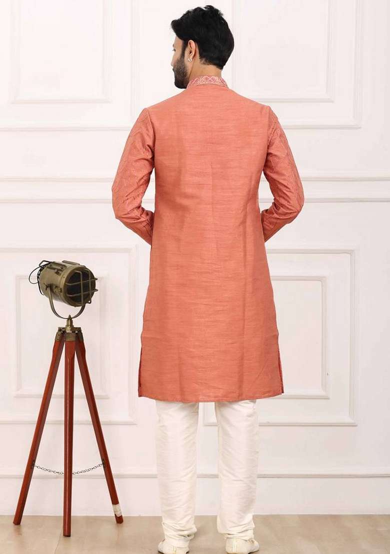 Orange Embroidered Art Silk Blend Kurta Set For Men - Indya