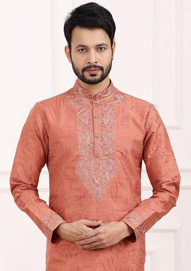 Orange Embroidered Art Silk Kurta Set For Men