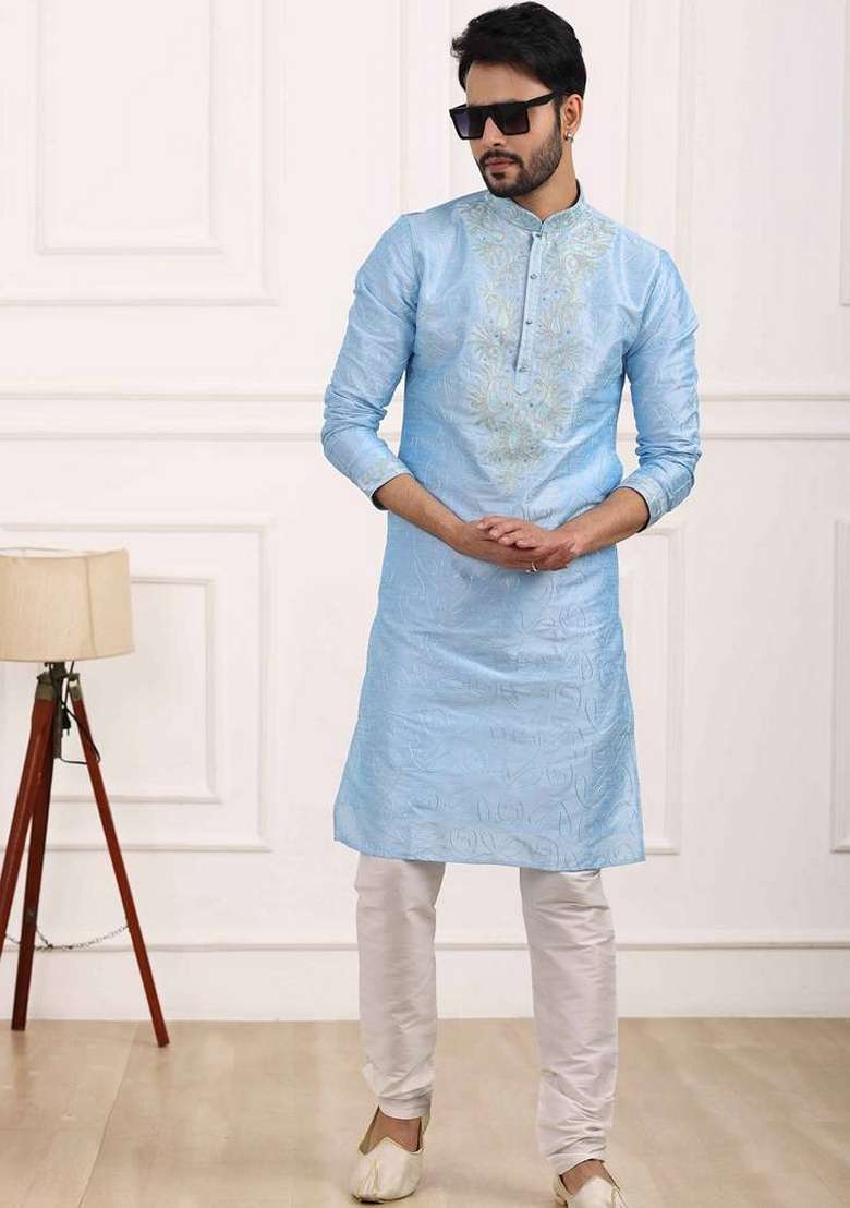 Sky Blue Embroidered Art Silk Blend Kurta Set For Men - Indya