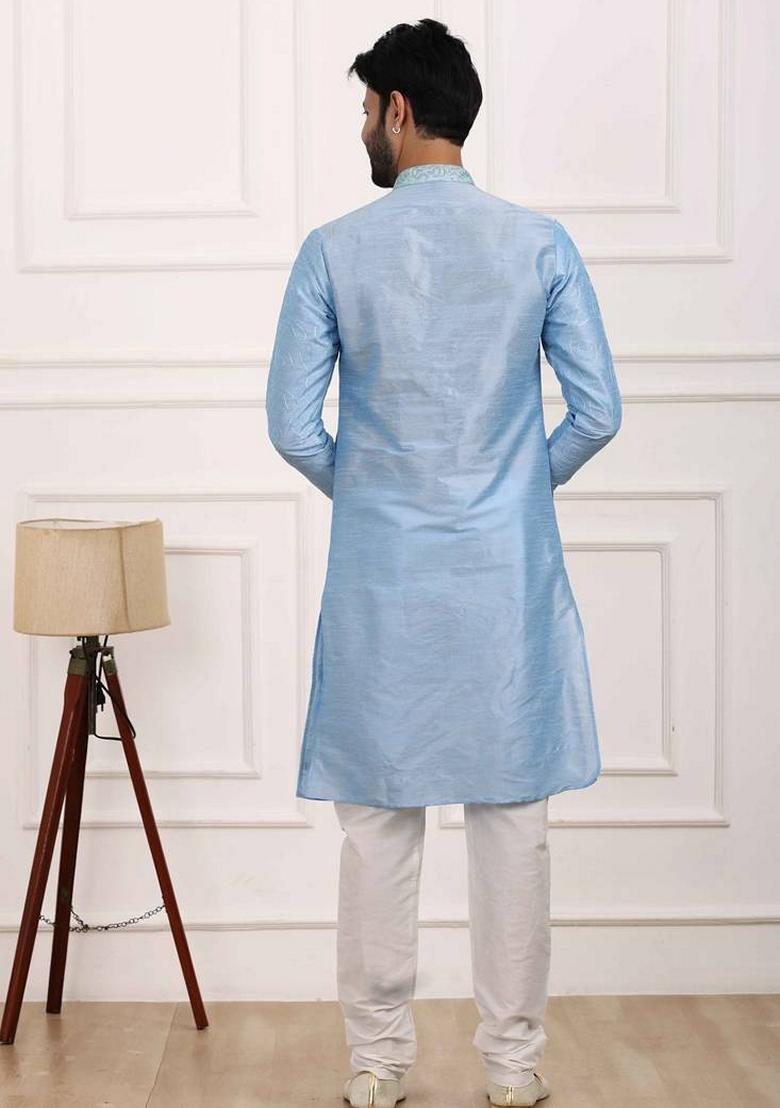 Sky Blue Embroidered Art Silk Kurta Set For Men