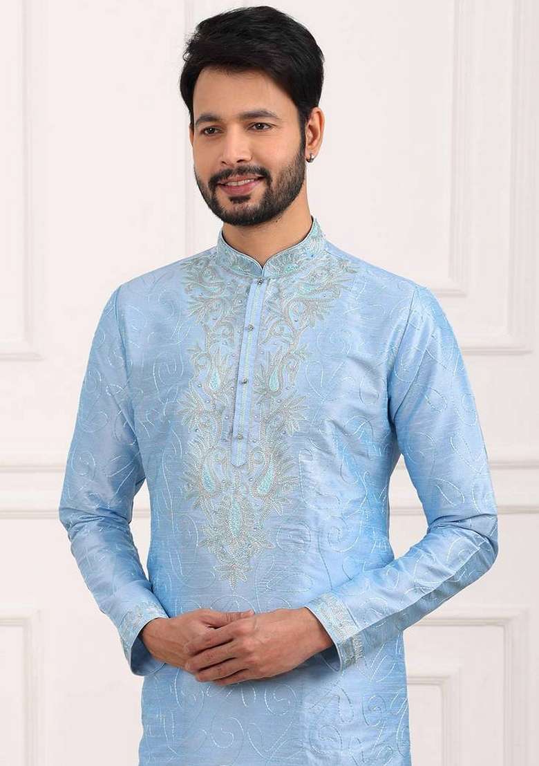 Sky Blue Embroidered Art Silk Blend Kurta Set For Men - Indya