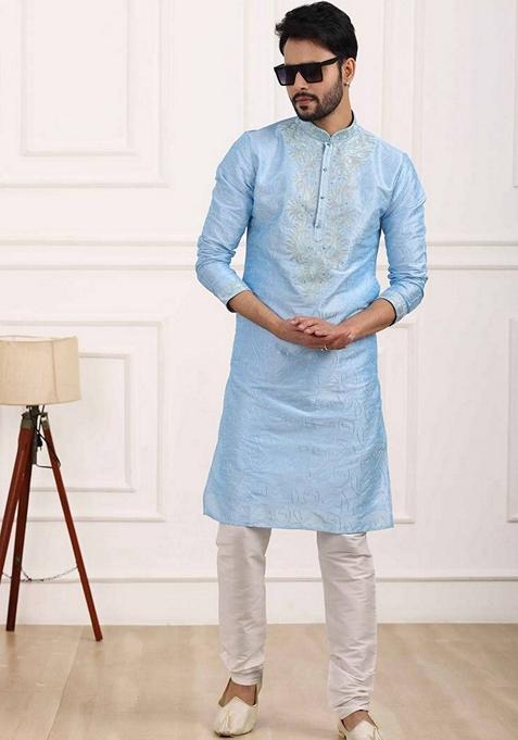 Sky Blue Embroidered Art Silk Kurta Set For Men