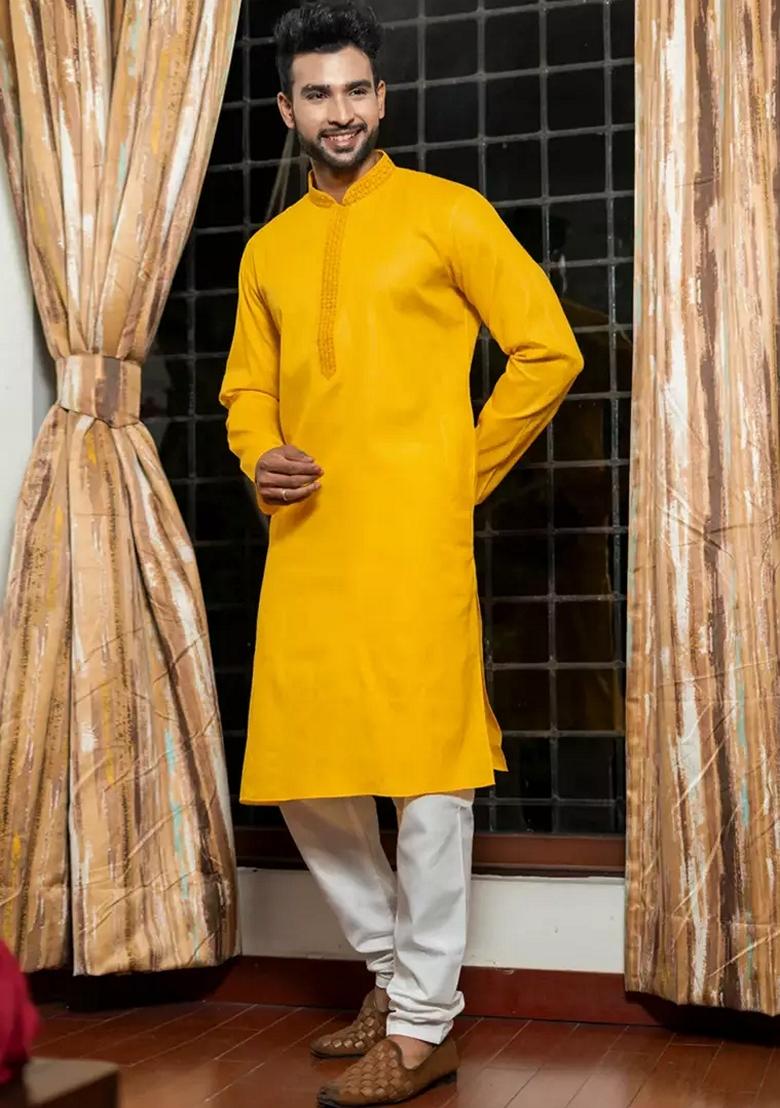 Yellow Embroidered Cotton Kurta Set For Men