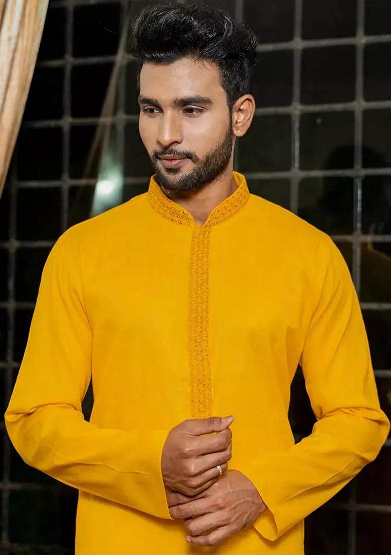 Yellow Embroidered Cotton Kurta Set For Men