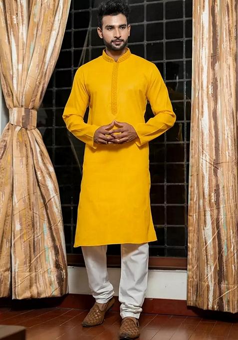 Yellow Embroidered Cotton Kurta Set For Men