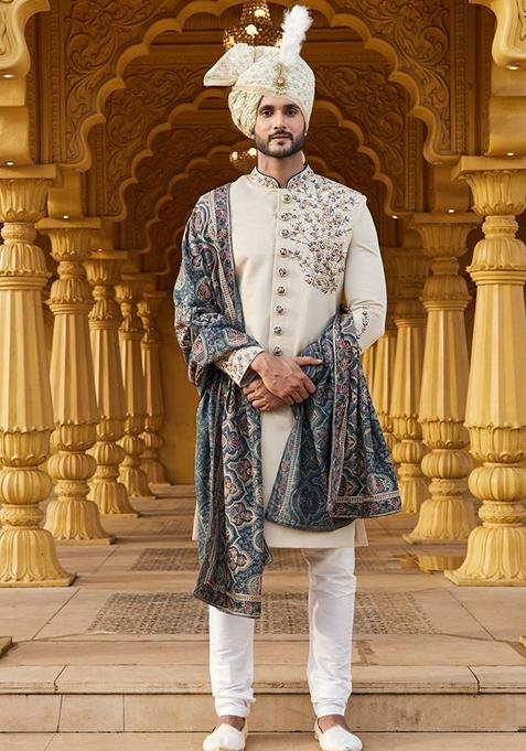 Peach Embroidered Poly Blend Sherwani Set For Men