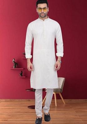 Off White Embroidered Cotton Kurta Set For Men