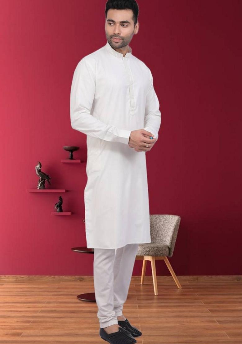 Off White Embroidered Cotton Kurta Set For Men