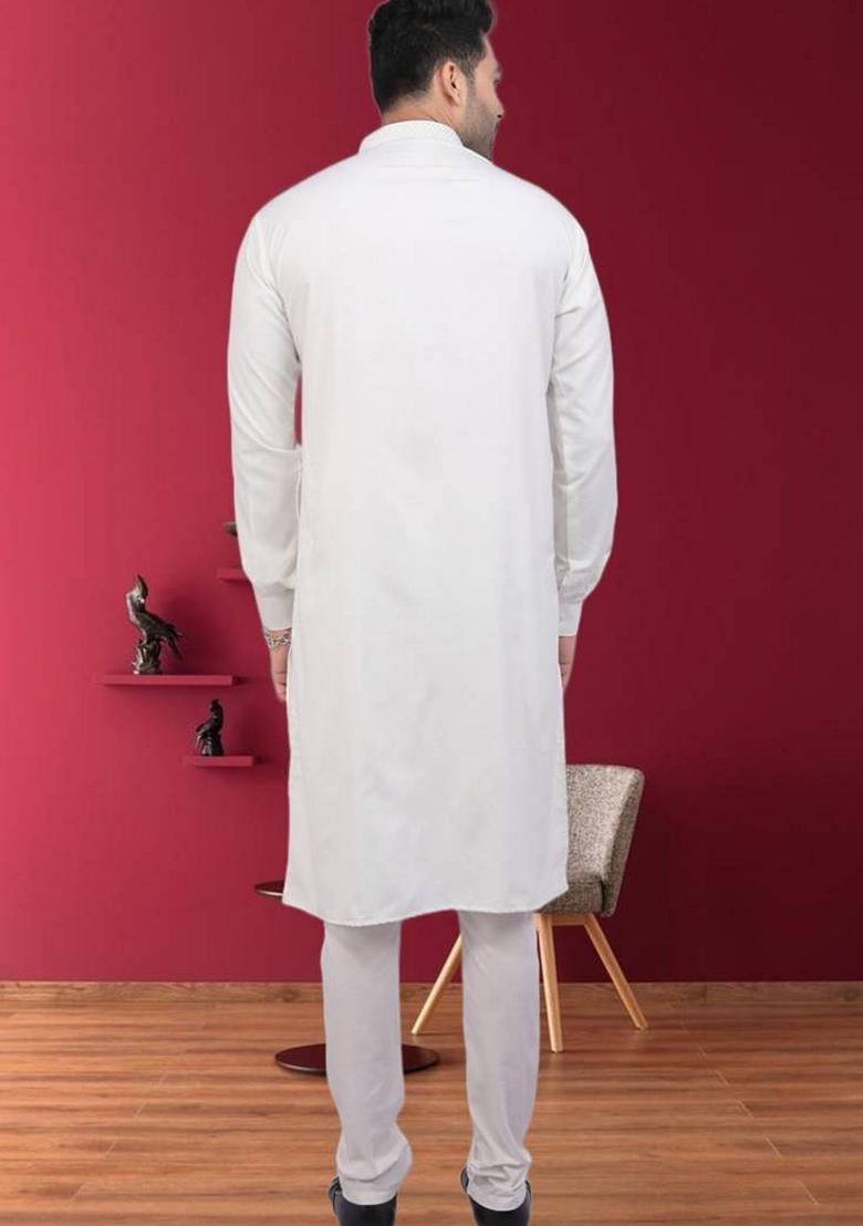 Off White Embroidered Cotton Kurta Set For Men