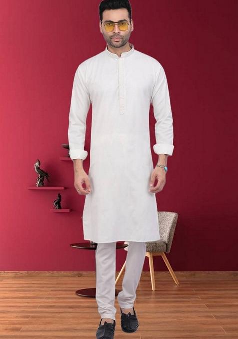 Off White Embroidered Cotton Kurta Set For Men
