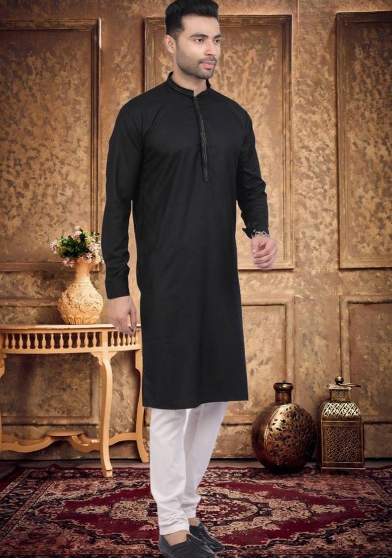 Black Embroidered Cotton Kurta Set For Men