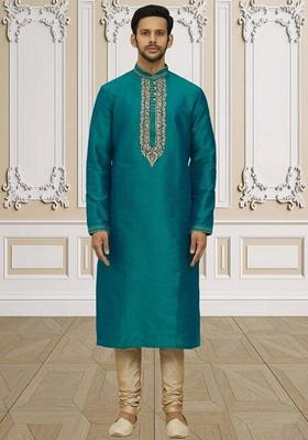 Green Embroidered Art Silk Kurta Set For Men