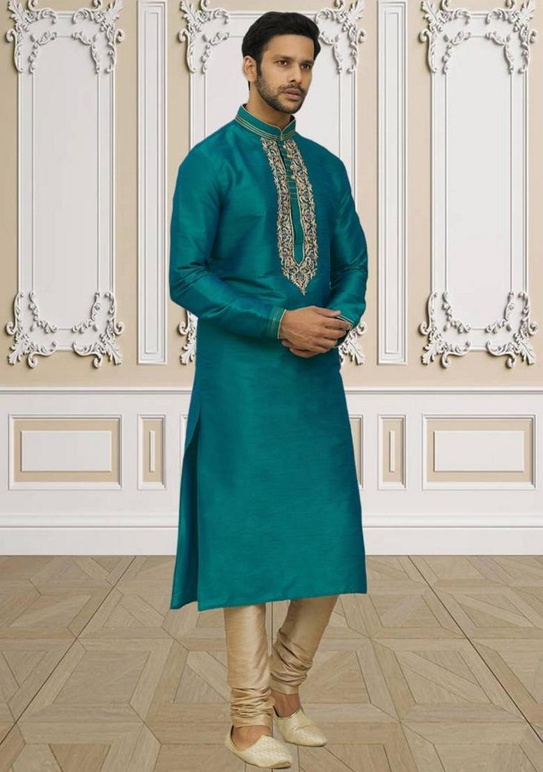 Green Embroidered Art Silk Kurta Set For Men