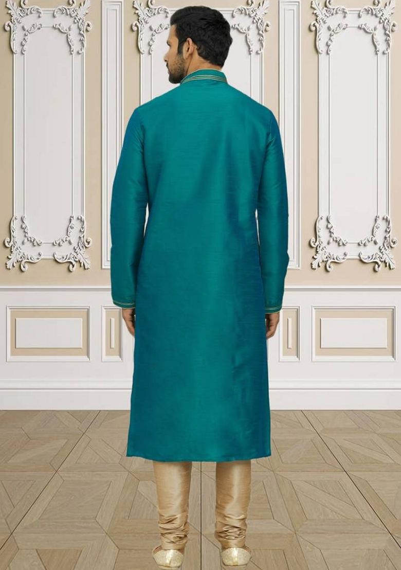 Green Embroidered Art Silk Kurta Set For Men