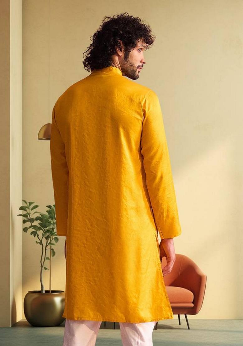 Yellow Embroidered Cotton Kurta Set For Men