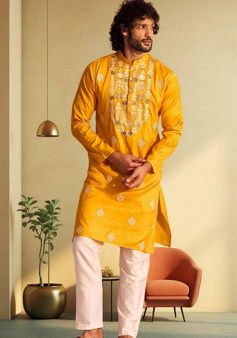 Yellow Embroidered Cotton Kurta Set For Men