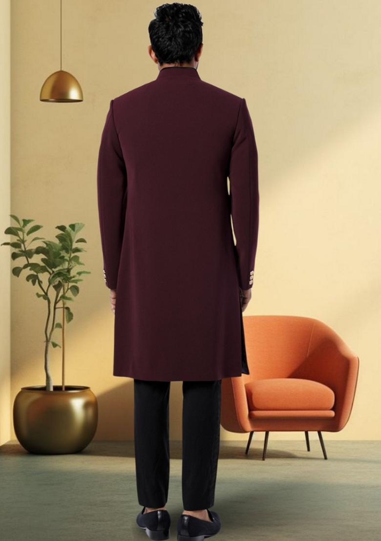 Wine  Embroidered Poly Blend Sherwani Set For Men