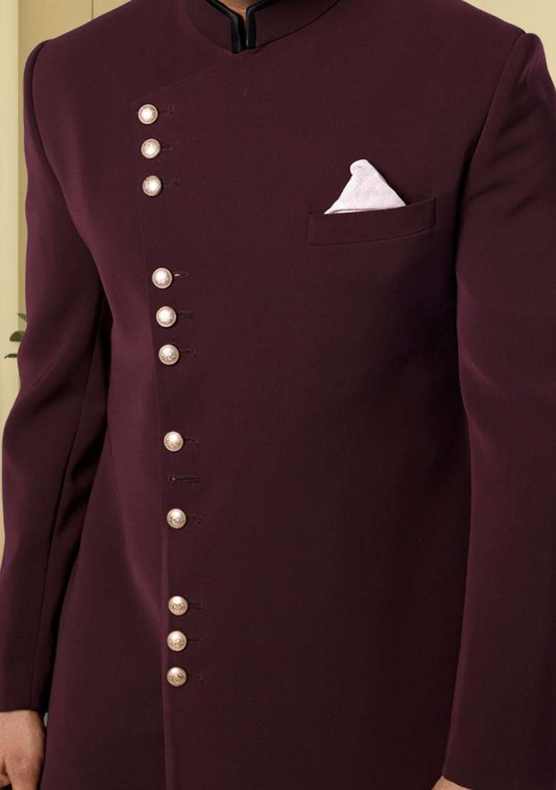 Wine  Embroidered Poly Blend Sherwani Set For Men - Indya