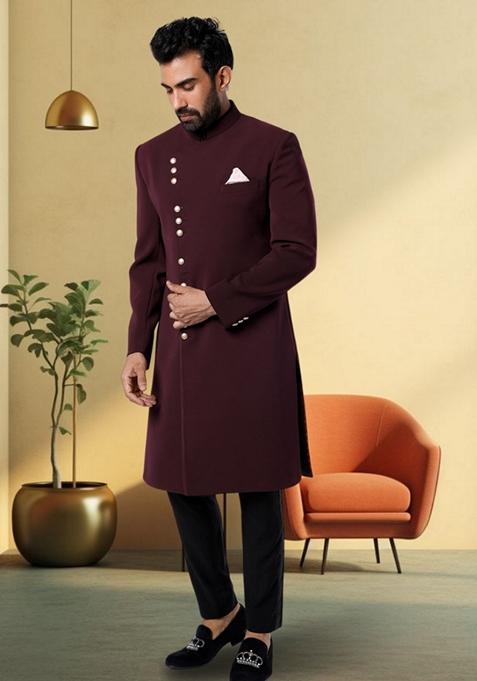 Wine  Embroidered Poly Blend Sherwani Set For Men
