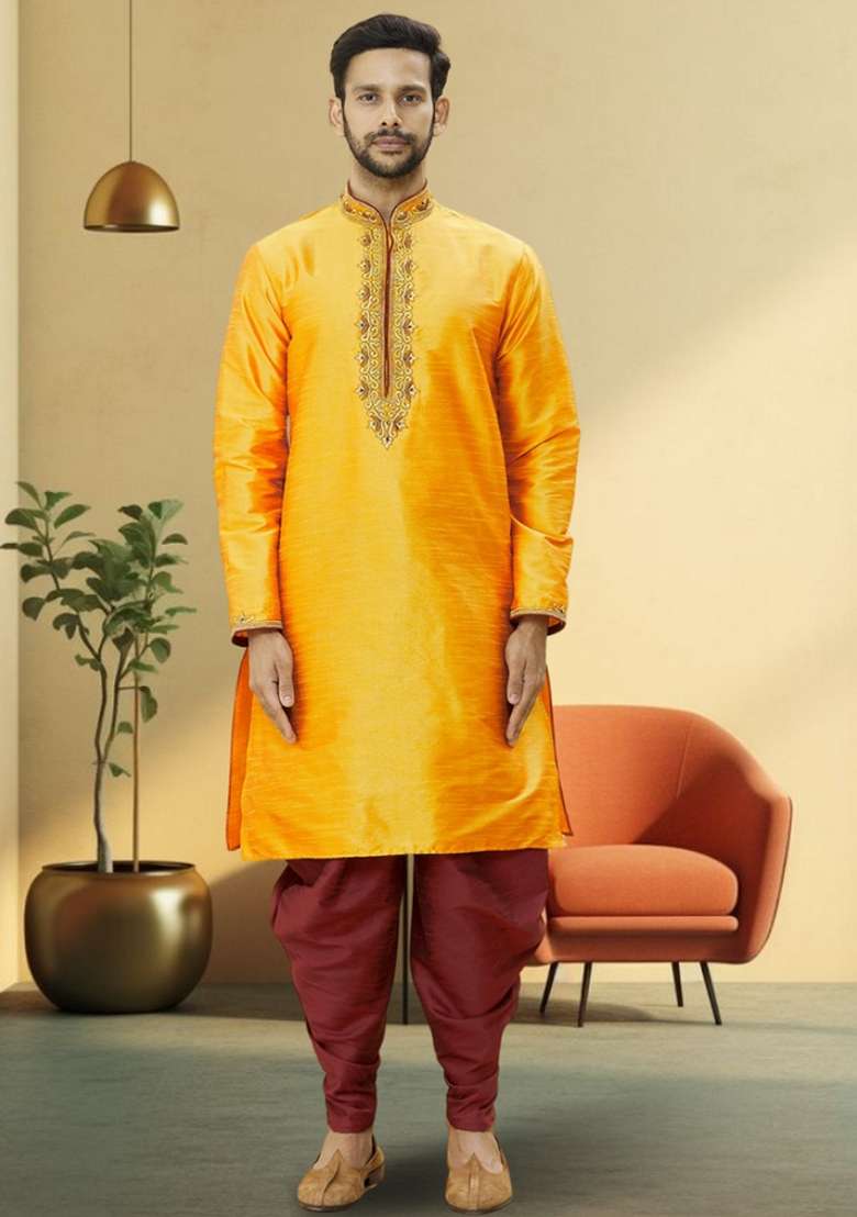 Yellow Embroidered Art Silk Blend Kurta Set For Men - Indya