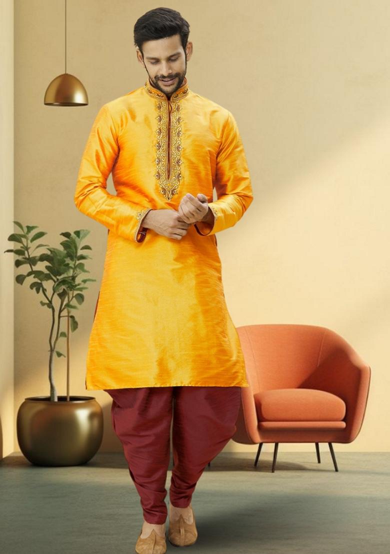 Yellow Embroidered Art Silk Kurta Set For Men