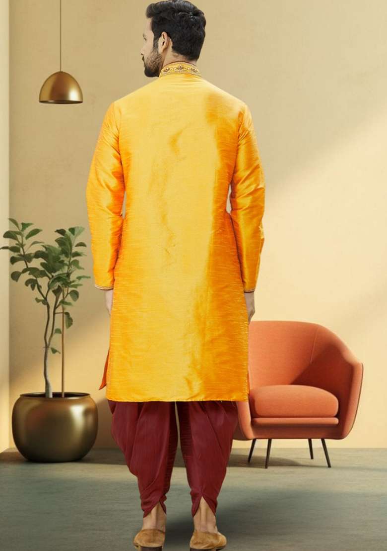 Yellow Embroidered Art Silk Blend Kurta Set For Men - Indya