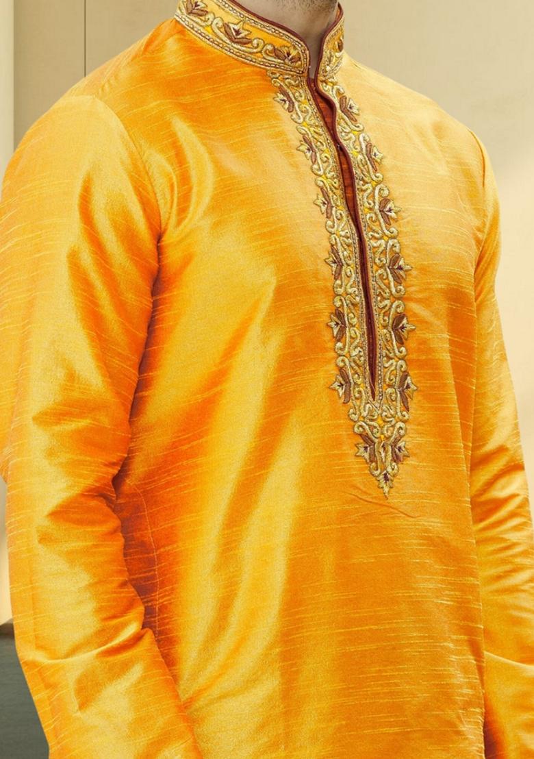 Yellow Embroidered Art Silk Kurta Set For Men