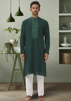 Green Embroidered Art Silk Kurta Set For Men