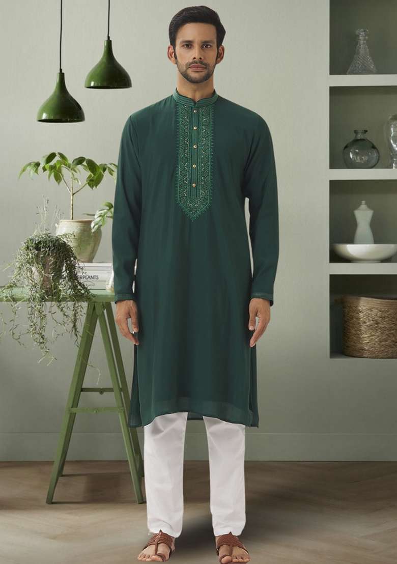 Green Embroidered Art Silk Blend Kurta Set For Men - Indya