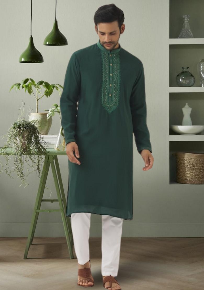 Green Embroidered Art Silk Kurta Set For Men