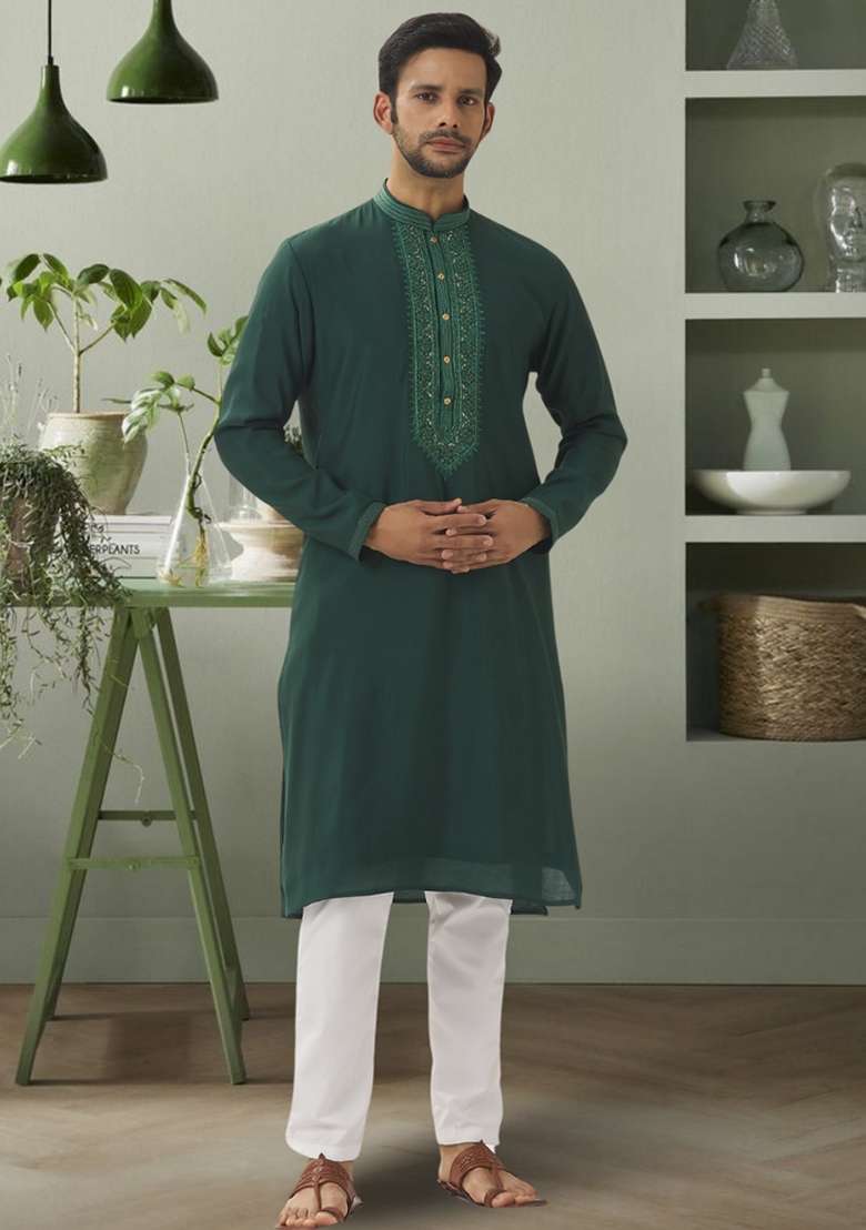 Green Embroidered Art Silk Blend Kurta Set For Men - Indya