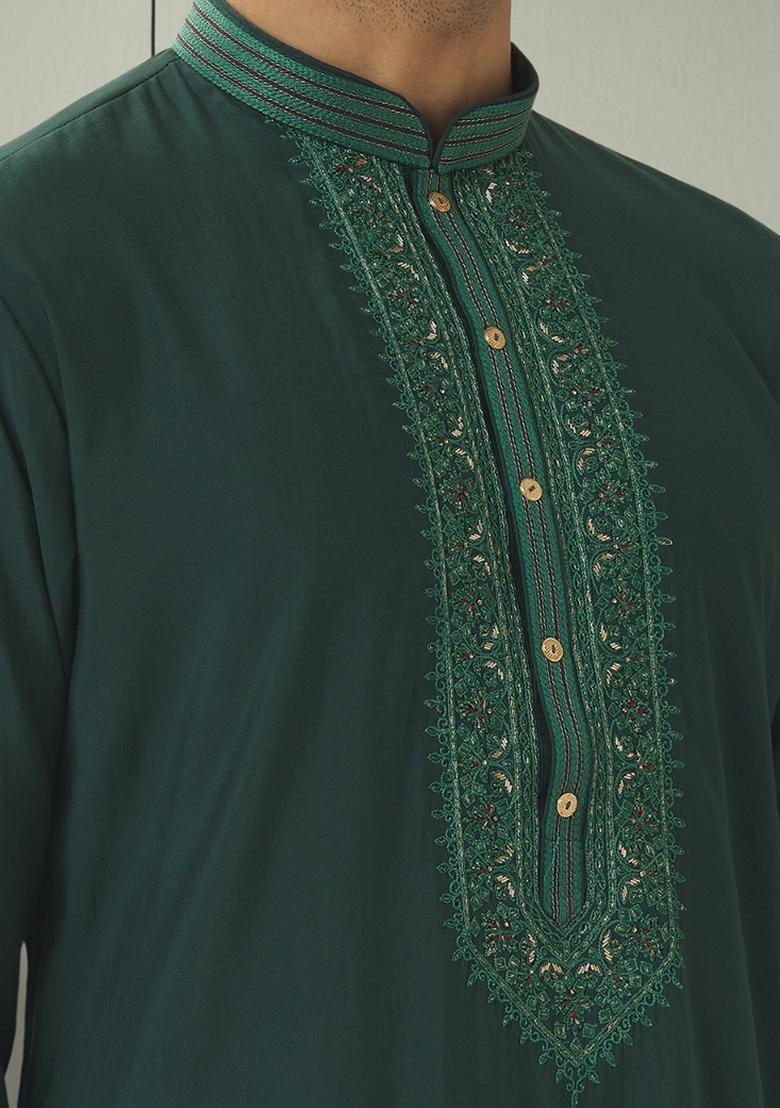 Green Embroidered Art Silk Kurta Set For Men