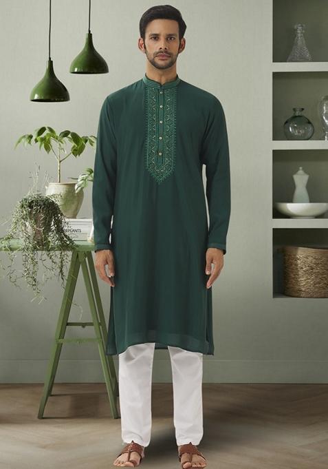 Green Embroidered Art Silk Kurta Set For Men