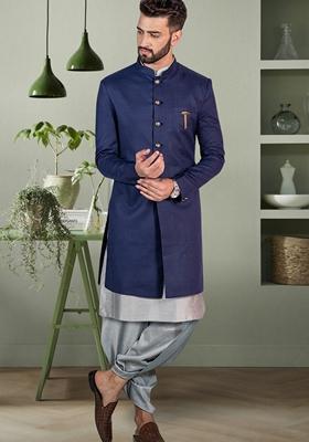 Navy Blue Embroidered Art Silk Kurta Set For Men