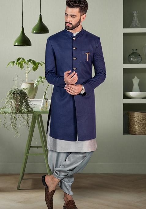 Navy Blue Embroidered Art Silk Kurta Set For Men