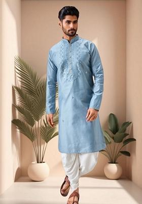 Sky Blue Embroidered Art Silk Kurta Set For Men