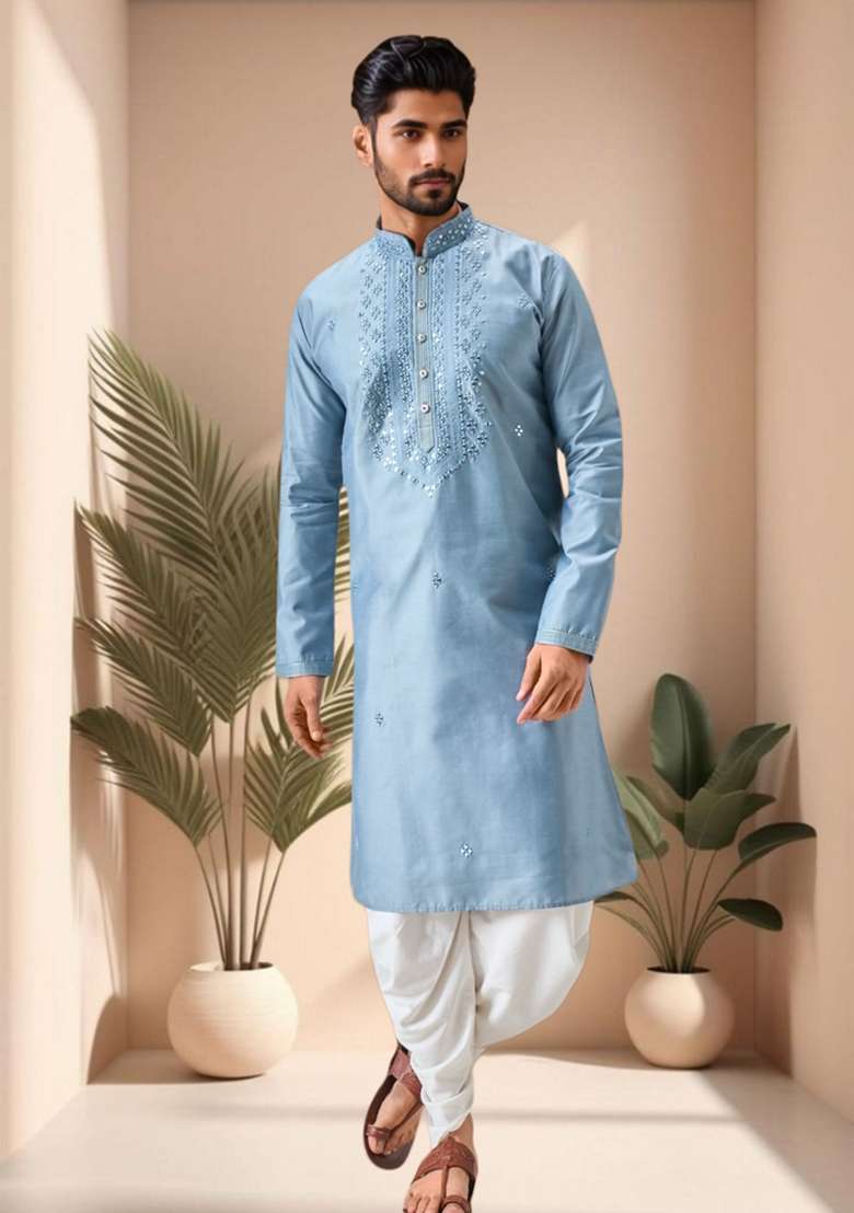 Sky Blue Embroidered Art Silk Blend Kurta Set For Men - Indya