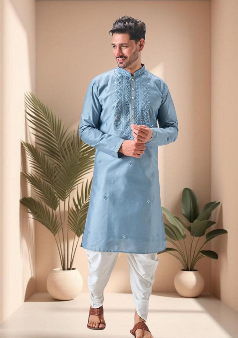 Sky Blue Embroidered Art Silk Kurta Set For Men