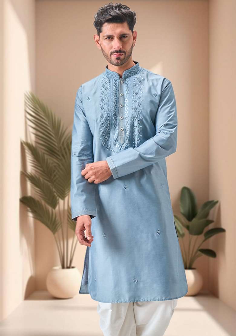 Sky Blue Embroidered Art Silk Blend Kurta Set For Men - Indya