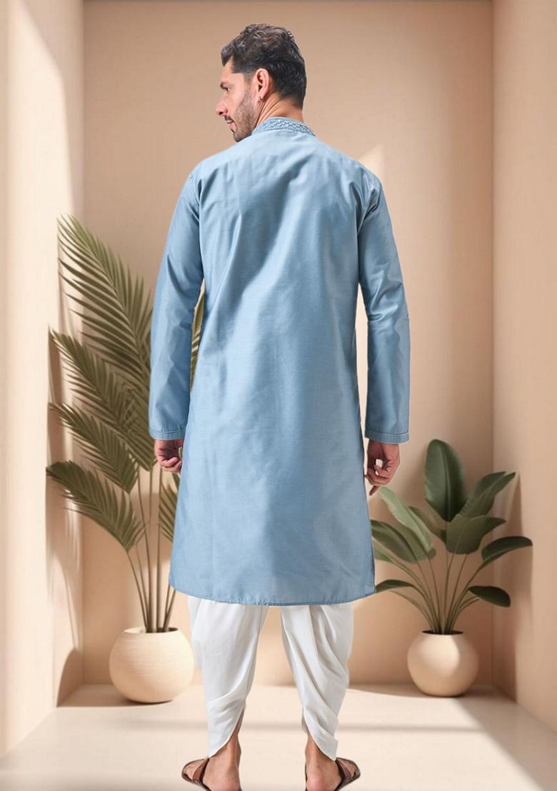 Sky Blue Embroidered Art Silk Kurta Set For Men