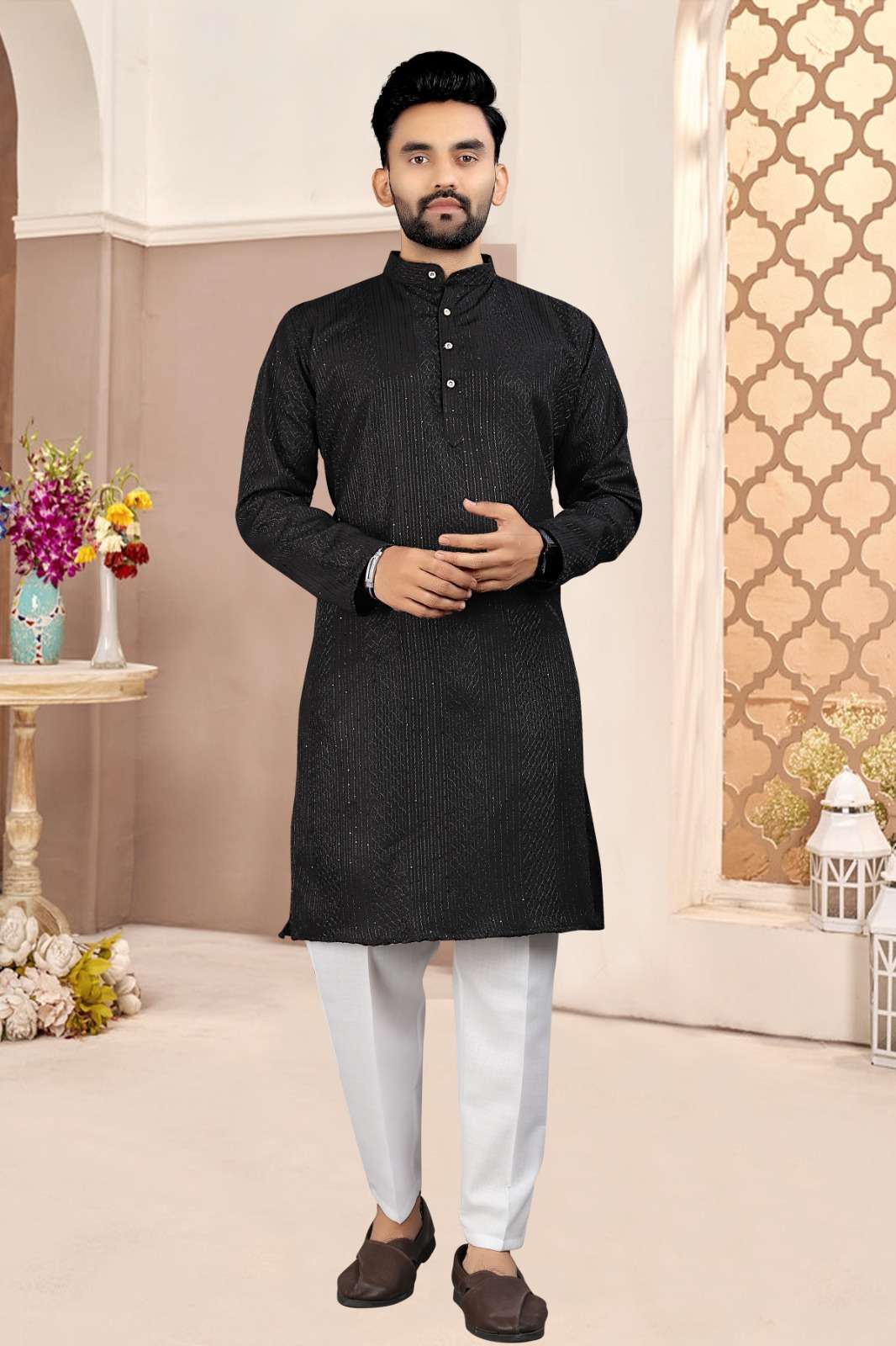 Black Embroidered Cotton Kurta Set For Men - Indya