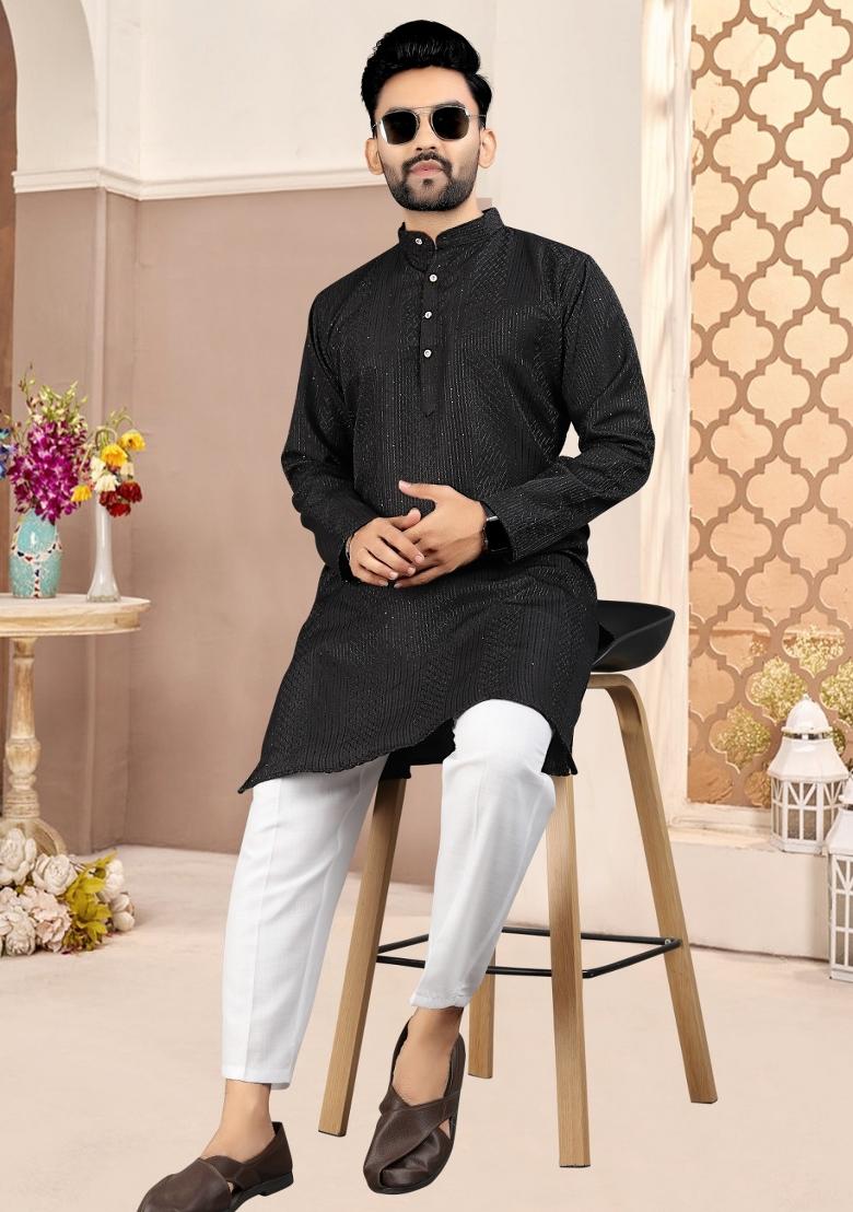 Black Embroidered Cotton Kurta Set For Men