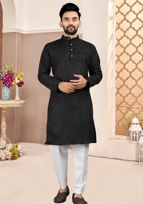 Black Embroidered Cotton Kurta Set For Men