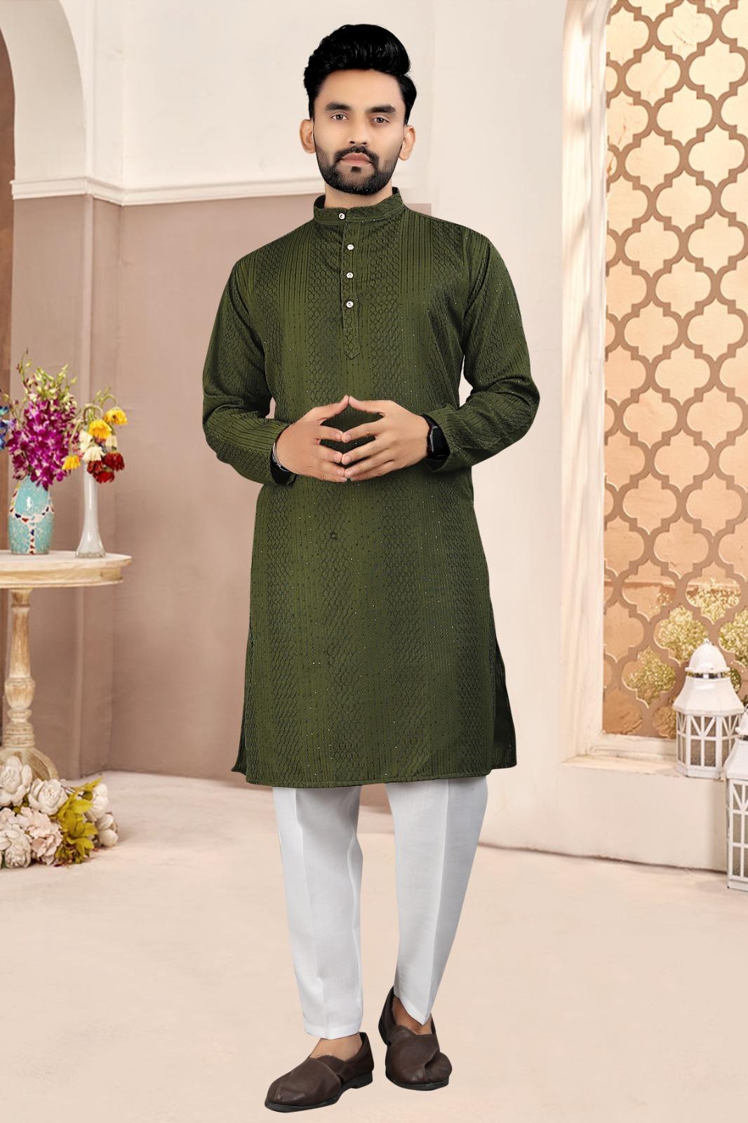 Mehendi Green Embroidered Cotton Kurta Set For Men